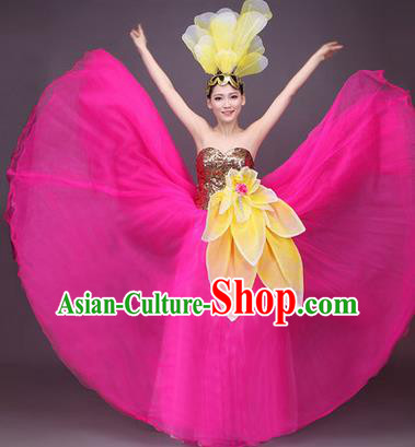 Traditional Chinese Modern Dance Performance Costume, China Opening Dance Full Dress, Classical Dance Big Swing Pink Dress for Women