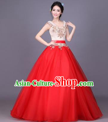Traditional Chinese Modern Dance Compere Performance Costume, China Opening Dance Chorus Bride Wedding Full Dress, Classical Dance Big Swing Red Dress for Women
