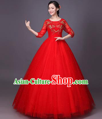 Traditional Chinese Modern Dance Compere Performance Costume, China Opening Dance Chorus Bride Wedding Red Full Dress, Classical Dance Big Swing Bubble Dress for Women