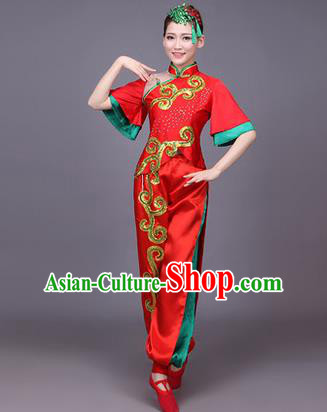 Traditional Chinese Yangge Fan Dancing Costume, Folk Dance Yangko Uniform Drum Dance Red Clothing for Women