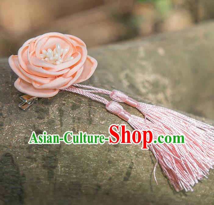 Traditional Chinese Ancient Wedding Hair Accessories, China Hanfu Pink Flowers Tassel Hairpins for Women