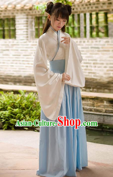 Traditional Chinese Han Dynasty Palace Princess Costume, Elegant Hanfu Clothing Light Blue Middle-Skirt, Chinese Ancient Princess Clothing for Women
