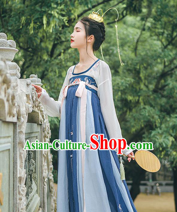 Traditional Chinese Tang Dynasty Palace Princess Costume, Elegant Hanfu Clothing Embroidered Blue Dress, Chinese Ancient Princess Clothing for Women