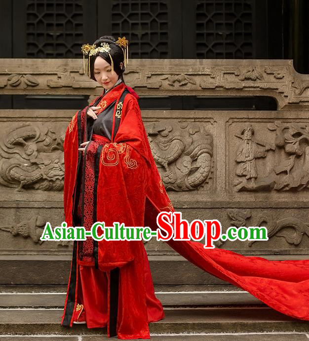 Traditional Chinese Han Dynasty Palace Empress Wedding Costume Complete Set, Elegant Hanfu Clothing Bride Embroidered Dress, Chinese Ancient Queen Clothing for Women