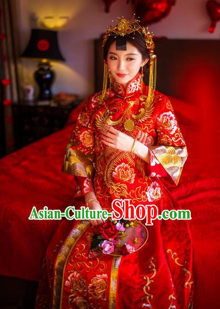 Traditional Chinese Wedding Costume Xiuhe Suits Wedding Bride Red Dress, Ancient Chinese Toast Dress Embroidered Dragon and Phoenix Clothing Longfeng Flown for Women
