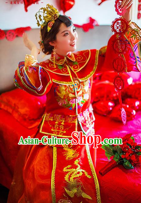 Traditional Chinese Wedding Costume Xiuhe Suits Wedding Bride Red Suit, Ancient Chinese Toast Dress Embroidered Dragon and Phoenix Clothing Longfeng Flown for Women