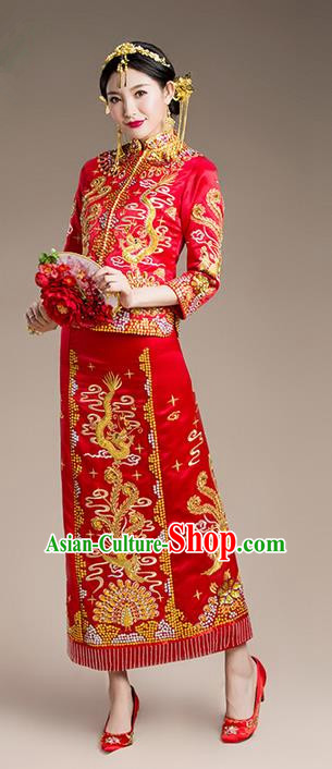 Traditional Chinese Wedding Costume Xiuhe Suits Wedding Bride Slim Red Suit, Ancient Chinese Toast Dress Hand Embroidered Clothing Longfeng Flown for Women