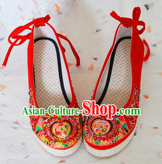 Traditional Chinese Wedding Shoes Xiuhe Red Shoes, Ancient Chinese Bride Embroidered Shoes for Women