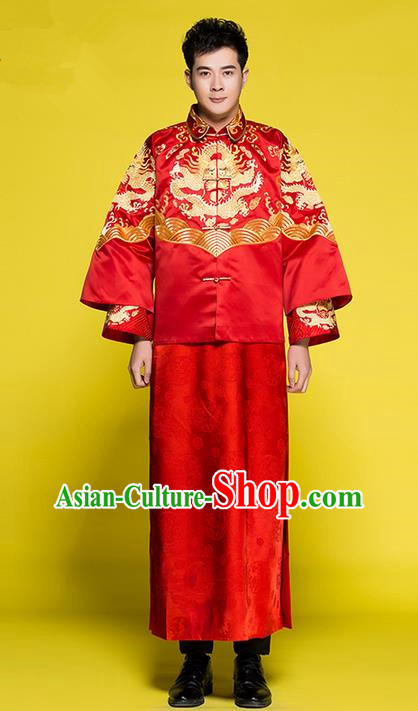 Traditional Chinese Wedding Costume Tang Suits Wedding Red Clothing, Ancient Chinese Bridegroom Toast Embroidered Dragon Long Robes for Men