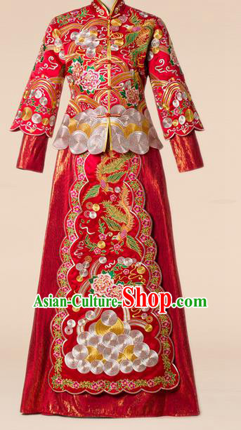 Traditional Chinese Wedding Costume Xiuhe Wedding Clothing Longfeng Flown, Ancient Chinese Bride Toast Hand Embroidered Dragon and Phoenix Cheongsam Full Dress for Women