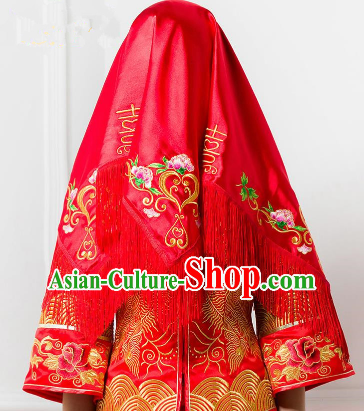 Traditional Chinese Wedding Costume Xiuhe Red Bridal Veil, Ancient Chinese Bride Embroidered Peony Tassel Red Head Cover for Women