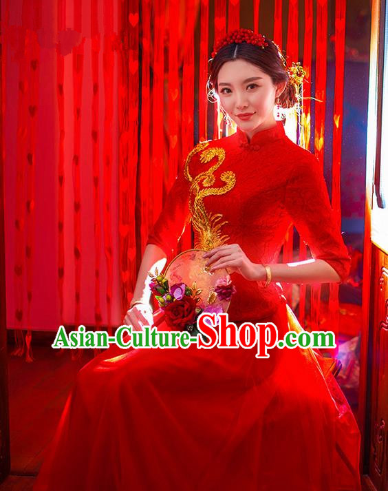 Traditional Chinese Wedding Costume Xiuhe Wedding Red Clothing Longfeng Flown, Ancient Chinese Bride Toast Embroidered Dragon and Phoenix Lace Cheongsam Dress for Women