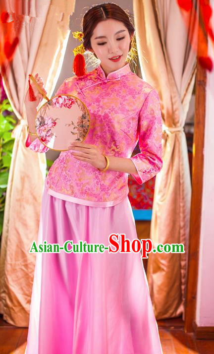 Traditional Chinese Wedding Costume Xiuhe Wedding Clothing, Ancient Chinese Bridesmaid Embroidered Pink Cheongsam Dress for Women