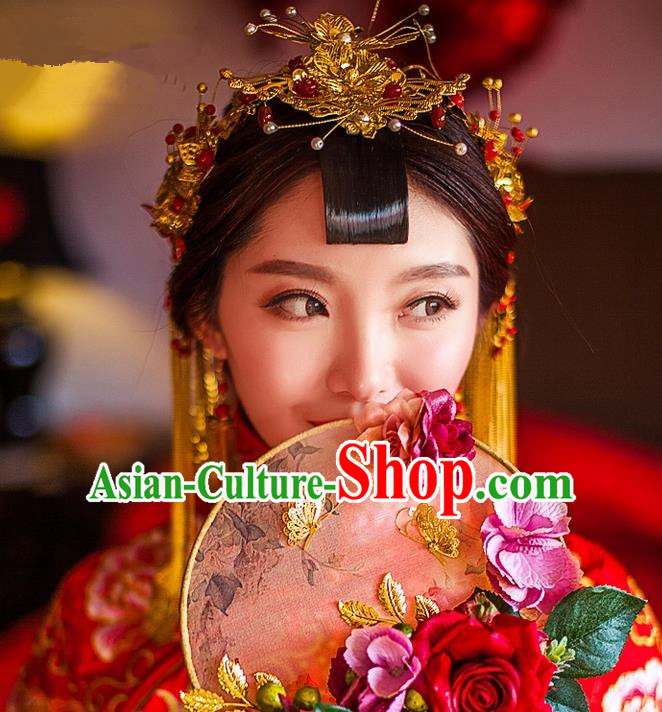 Traditional Chinese Wedding Xiuhe Suit Hair Accessories, Cnina Style Hanfu Phoenix Crown Tassel Step Shake, Ancient Chinese Bride Hairpins Headwear for Women
