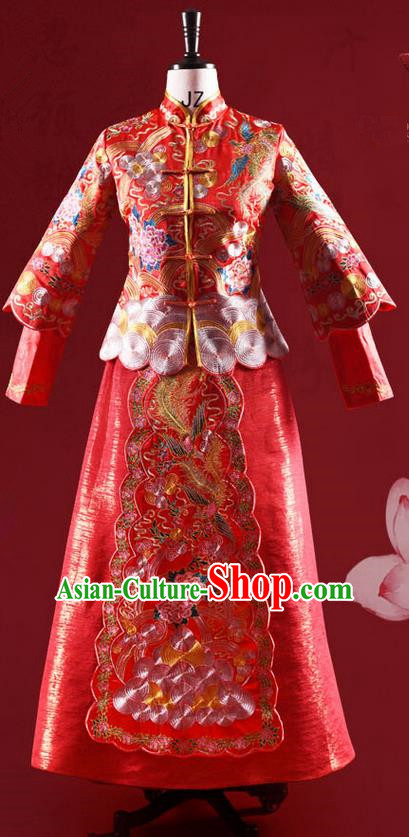 Traditional Chinese Wedding Costume XiuHe Suit Clothing Longfeng Flown Wedding Full Dress, Ancient Chinese Bride Hand Embroidered Cheongsam Dress for Women