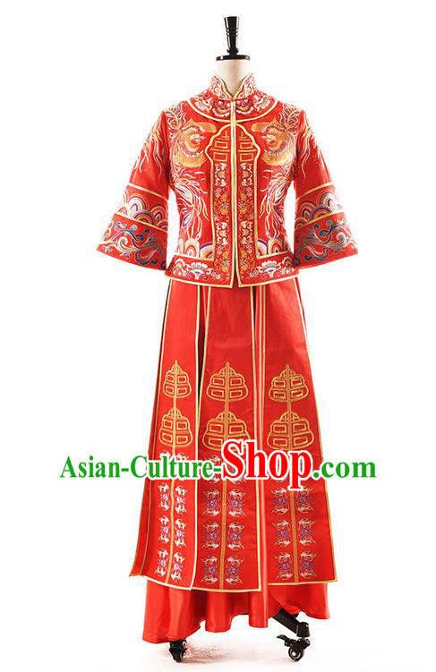 Traditional Chinese Wedding Costume XiuHe Suit Clothing Longfeng Flown Wedding Red Full Dress, Ancient Chinese Bride Hand Embroidered Cheongsam Dress for Women
