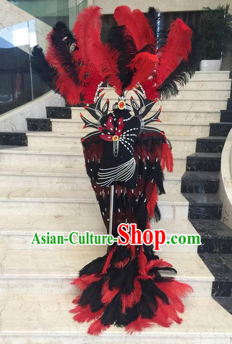 Top Grade Compere Professional Performance Catwalks Swimsuit Costume, Children Red Feather Cloak Formal Dress Modern Dance Fancywork Trailing Clothing for Boys Kids