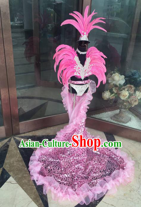 Top Grade Compere Professional Performance Catwalks Costume, Traditional Brazilian Samba Dance Rio Carnival Props Pink Feather Modern Dance Fancywork Trailing Swimsuit Clothing for Kids