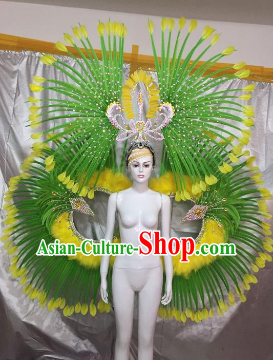 Top Grade Compere Professional Performance Catwalks Ostrich Feather Costumes and Headpiece, Traditional Brazilian Rio Carnival Samba Opening Dance Wings Clothing for Women
