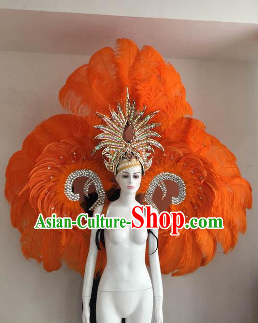 Top Grade Compere Professional Performance Catwalks Orange Feather Wings and Headpiece, Traditional Brazilian Rio Carnival Samba Opening Dance Suits Modern Fancywork Swimsuit Clothing for Women