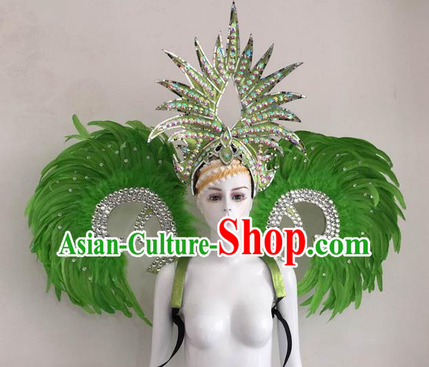 Top Grade Compere Professional Performance Catwalks Green Feather Wings and Headpiece, Traditional Brazilian Rio Carnival Samba Opening Dance Suits Modern Fancywork Swimsuit Clothing for Women