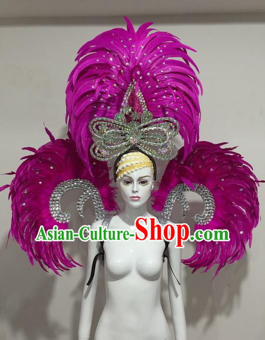 Top Grade Compere Professional Performance Catwalks Purple Feather Wings and Headpiece Big Hair Accessories Decorations, Traditional Brazilian Rio Carnival Samba Opening Dance Suits Modern Fancywork Swimsuit Clothing for Women