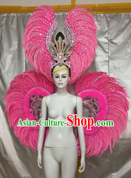 Top Grade Compere Professional Performance Catwalks Costumes and Headpiece, Traditional Brazilian Rio Carnival Samba Opening Dance Pink Feather Wings Suit Fancywork Clothing for Women