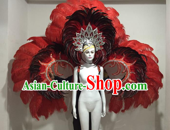Top Grade Compere Professional Performance Catwalks Red Feather Large Size Wings Costume and Big Hair Accessories, Traditional Brazilian Rio Carnival Samba Opening Dance Suits Modern Fancywork Clothing for Women