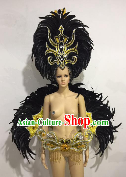 Top Grade Professional Performance Catwalks Black Feather Wings and Headwear, Brazilian Rio Carnival Samba Opening Dance Custom-made Customized Clothing for Women
