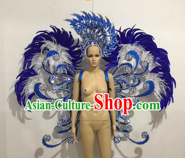 Top Grade Professional Performance Catwalks Blue Feather Butterfly Wings and Headwear, Brazilian Rio Carnival Samba Opening Dance Custom-made Customized Props Clothing for Women