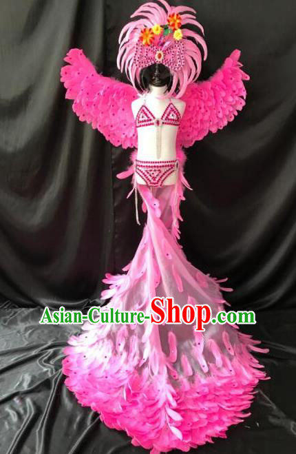 Top Grade Professional Stage Show Catwalks Halloween Wings Pink Feather Bikini Costumes and Headpiece, Brazilian Rio Carnival Samba Opening Dance Modern Fancywork Long Trailing Dress Clothing for Kids