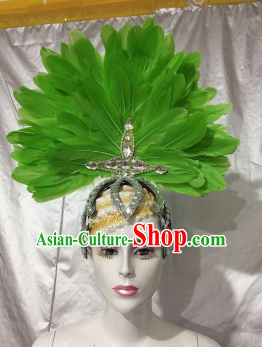 Top Grade Professional Stage Show Catwalks Brazil Crystal Headpiece Hat, Brazilian Rio Carnival Samba Opening Dance Modern Fancywork Green Feather Headwear for Women