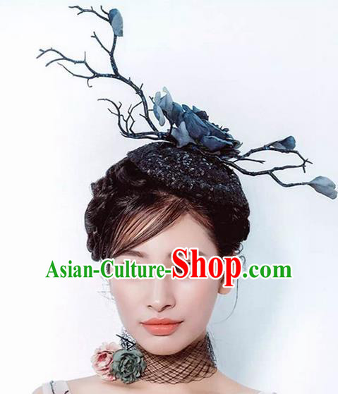 Top Grade Chinese Theatrical Luxury Headdress Ornamental Flowers Headwear, Halloween Fancy Ball Asian Traditional Headpieces Model Show Top Hat for Women