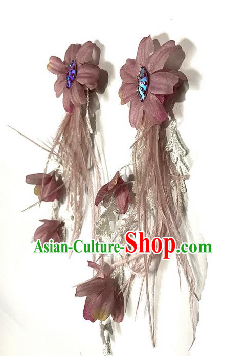 Top Grade Chinese Theatrical Luxury Flowers Earrings, Halloween Fancy Ball Asian Traditional Model Show Pink Feather Eardrop for Women