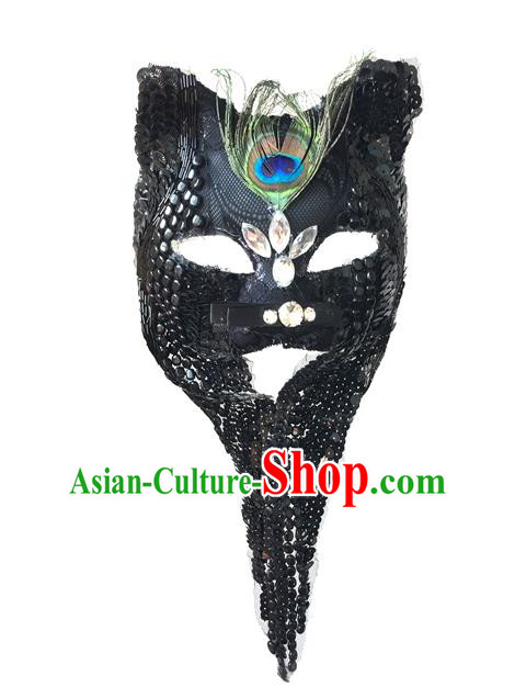 Top Grade Chinese Theatrical Luxury Headdress Ornamental Black Tassel Cat Mask, Halloween Fancy Ball Ceremonial Occasions Handmade Face Mask for Men