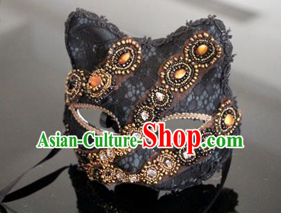 Top Grade Chinese Theatrical Luxury Headdress Ornamental Black Cat Mask, Halloween Fancy Ball Ceremonial Occasions Handmade Crystal Face Mask for Men