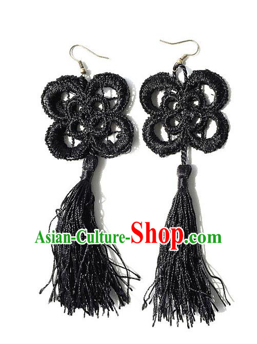 Top Grade Chinese Theatrical Luxury Lace Earrings, Halloween Fancy Ball Asian Traditional Model Show Black Tassel Eardrop for Women