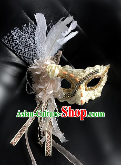 Top Grade Chinese Theatrical Luxury Headdress Ornamental Beige Lace Mask, Halloween Fancy Ball Ceremonial Occasions Handmade Face Mask for Women