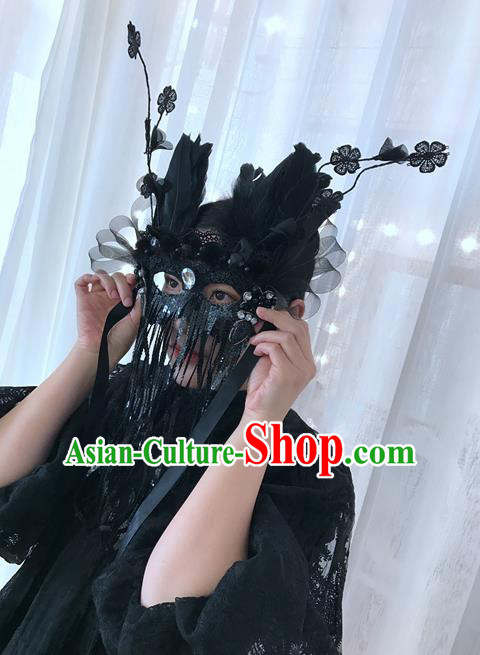 Top Grade Chinese Theatrical Luxury Headdress Ornamental Black Mask, Halloween Fancy Ball Ceremonial Occasions Handmade Feather Tassel Headwear for Women