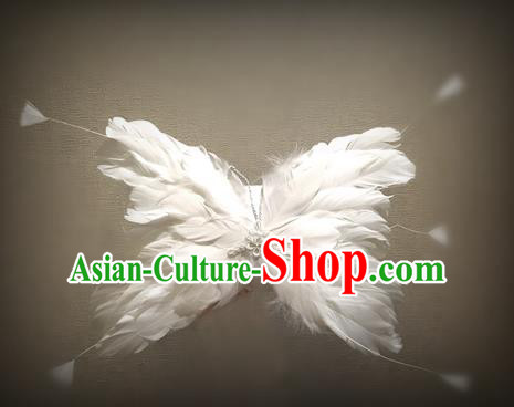 Top Grade Chinese Theatrical Luxury Headdress Ornamental White Butterfly Hair Clasp, Halloween Fancy Ball Ceremonial Occasions Handmade Feather Hair Accessories for Women