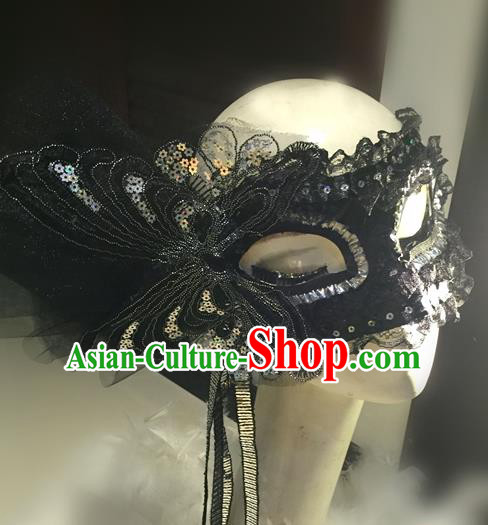 Top Grade Chinese Theatrical Headdress Traditional Ornamental Black Lace Mask, Brazilian Carnival Halloween Occasions Handmade Deluxe Butterfly Mask for Women