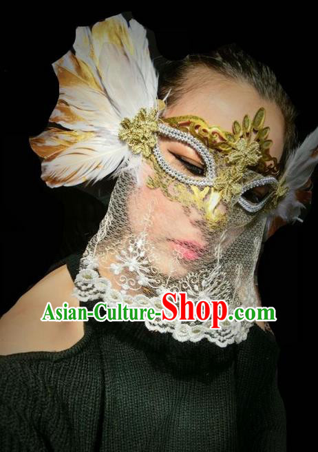 Top Grade Chinese Theatrical Headdress Traditional Ornamental Feather Veil Mask, Brazilian Carnival Halloween Occasions Handmade Bride White Mask for Women