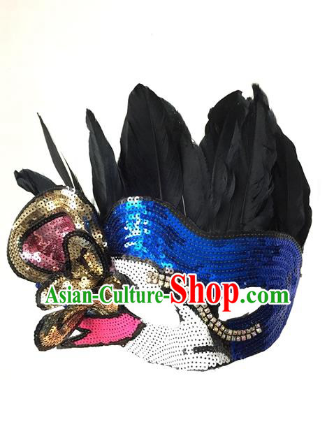 Top Grade Chinese Theatrical Headdress Traditional Ornamental Feather Mask, Brazilian Carnival Halloween Occasions Handmade Vintage Paillette Mask for Men
