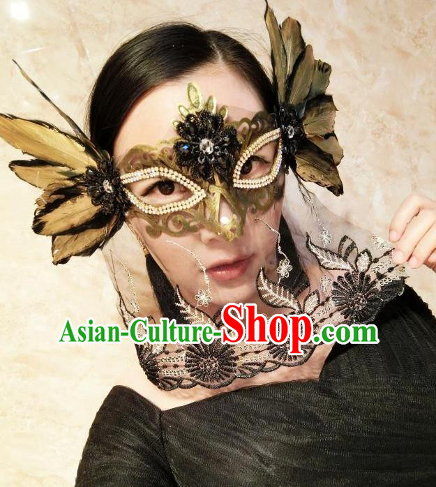 Top Grade Chinese Theatrical Headdress Traditional Ornamental Feather Veil Mask, Brazilian Carnival Halloween Occasions Handmade Bride Black Mask for Women