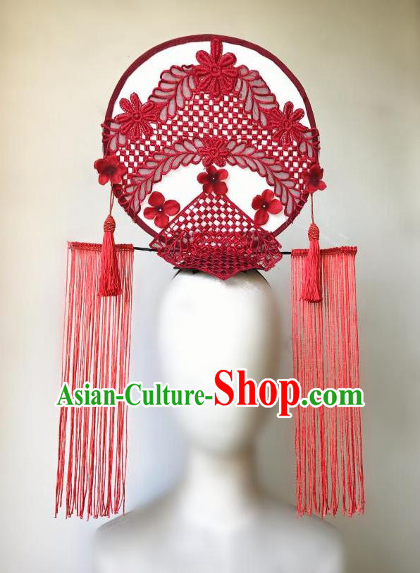 Top Grade Chinese Theatrical Headdress Ornamental Asian Red Tassel Lace Fanshaped Floral Hair Accessories, Halloween Fancy Ball Ceremonial Occasions Handmade Headwear for Women