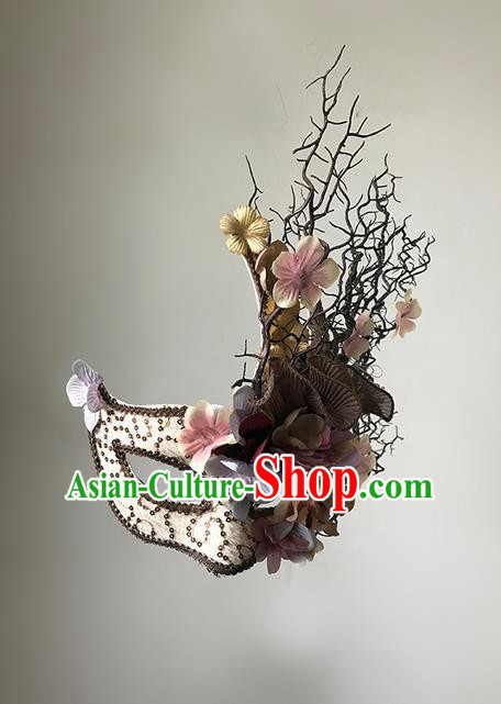 Top Grade Chinese Theatrical Headdress Ornamental Pink Flowers Mask, Halloween Fancy Ball Ceremonial Occasions Handmade Lace Face Mask for Women