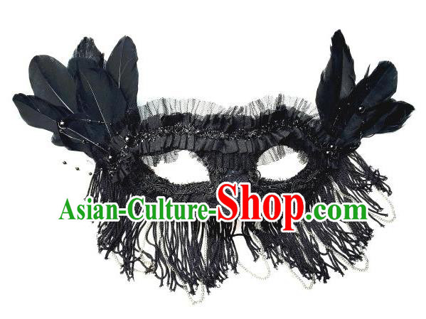 Top Grade Chinese Theatrical Headdress Ornamental Black Lace Mask, Brazilian Carnival Halloween Occasions Handmade Miami Debutante Tassel Mask for Women