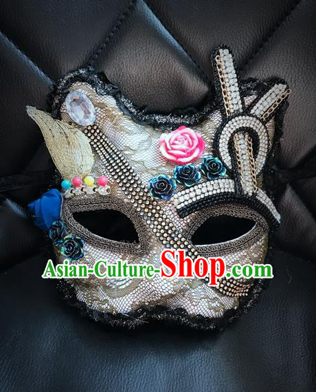 Top Grade Chinese Theatrical Headdress Ornamental Masquerade Mask, Brazilian Carnival Halloween Occasions Handmade Miami Debutante Crystal Cat Mask for Women
