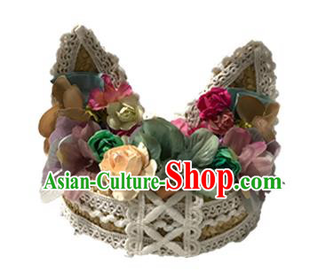Top Grade Asian Headpiece Headdress Ornamental Cat Ears Flowers Hair Accessories, Brazilian Carnival Halloween Occasions Handmade Miami Lace Hat for Women
