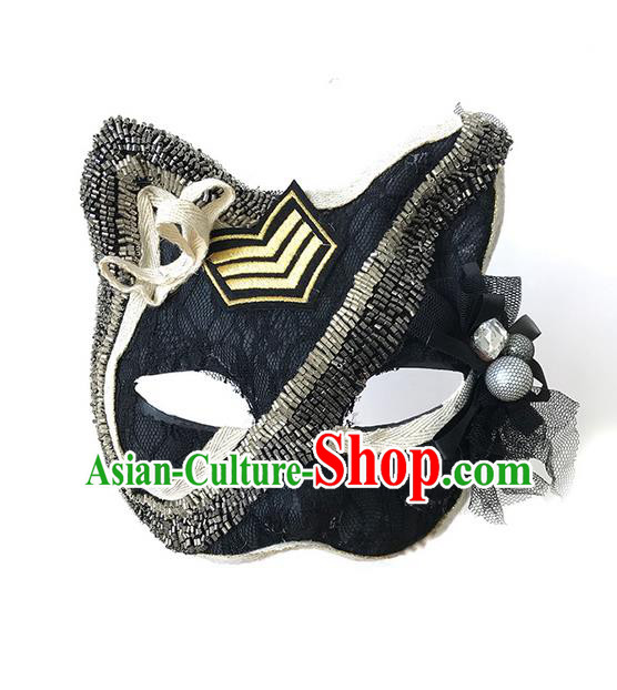 Top Grade Asian Headpiece Headdress Ornamental Cat Mask, Brazilian Carnival Halloween Occasions Handmade Miami Black Mask for Women